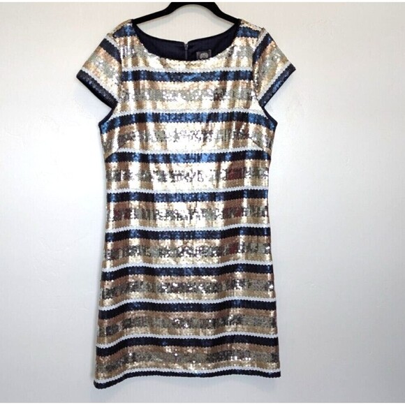 Vince Camuto Sequin Dress Womens Size 12 Navy Blue Gold Stripe - Picture 2 of 12